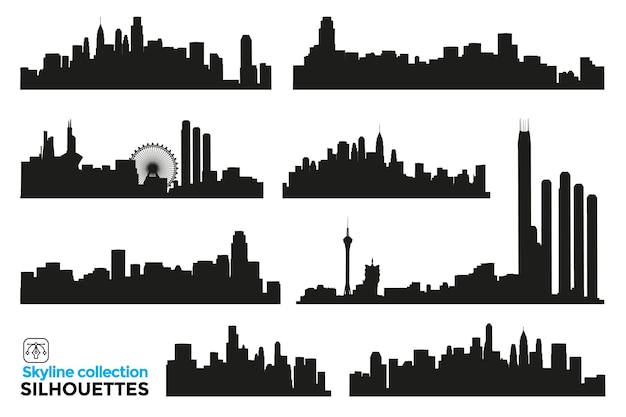 Collection of isolated silhouettes of skylines of cities, buildings and skyscrapers. Graphic resources.