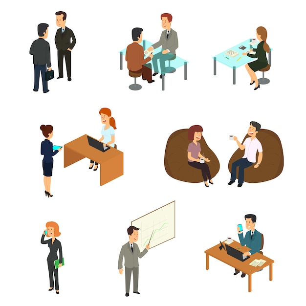 Collection of isometric business people working in the office.