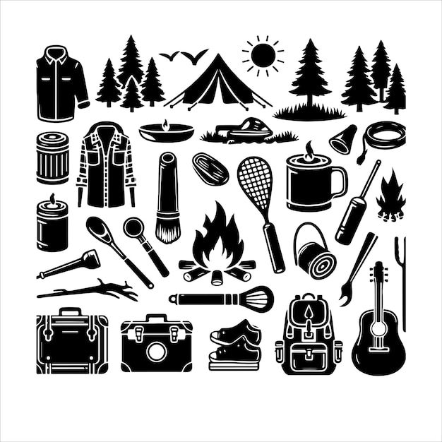 a collection of items including a campfire a campfire and a tent