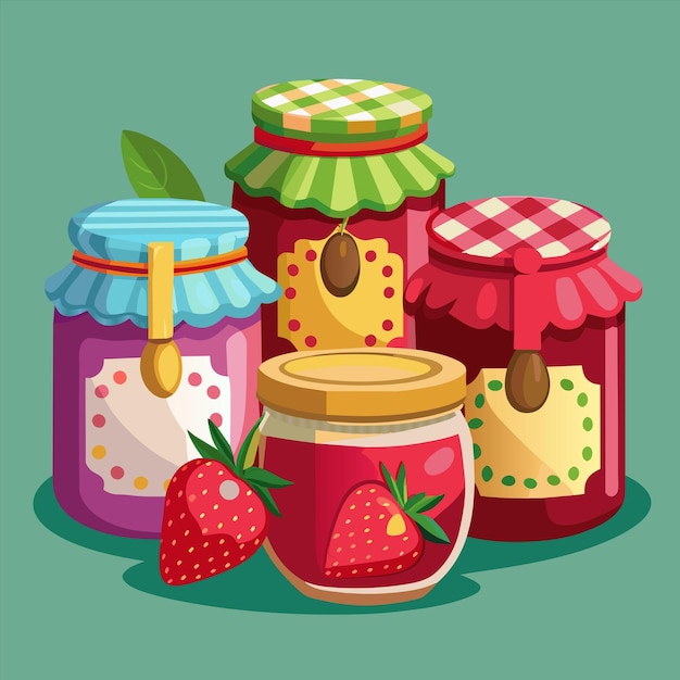 Vector a collection of jars with a strawberry jam on the front