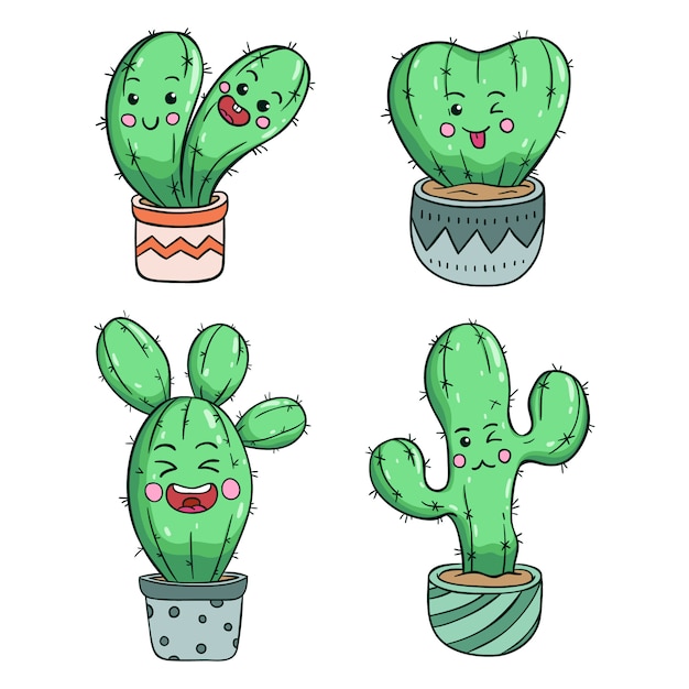 Collection of kawaii cactus with funny expression