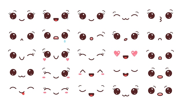 Collection of kawaii eyes and mouths with different emotions