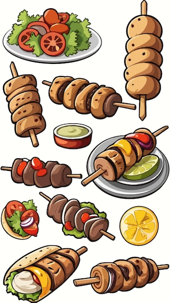 Vector a collection of kebabs cartoon drawing artwork vector