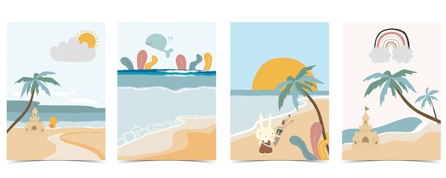 Collection of kid postcard set with sand,sea, sun.Editable vector illustration for website, invitation,postcard and sticker