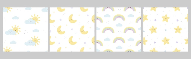 Collection of kids kawaii seamless patterns with funny star rainbow sun and cloud moon