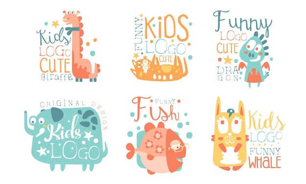 Vector collection of kids logo original design templates with cute animals childish colorful hand drawn badges vector illustration