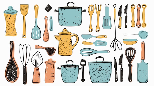 Vector a collection of kitchen utensils including a kitchen utensil a pot and a pot with a lid