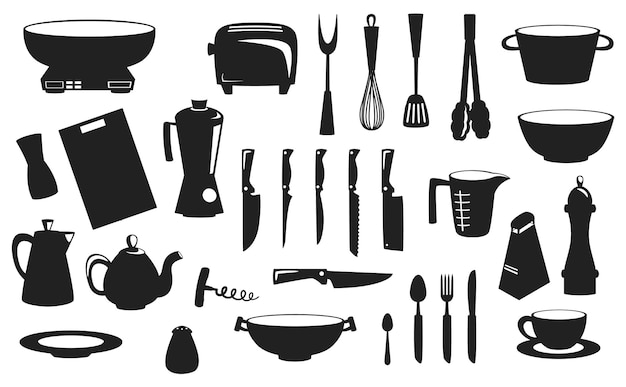 Collection of Kitchen utensils tools cooking equipment kitchenware cutlery Vector Silhouette