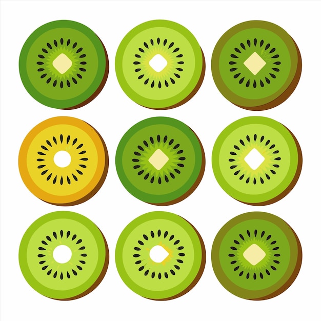 a collection of kiwi slices with a hole in the middle