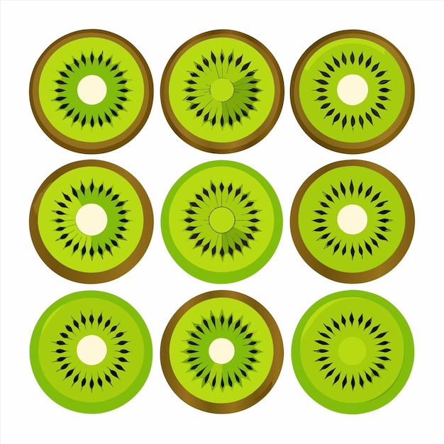 Vector a collection of kiwi slices with the middle half cut out