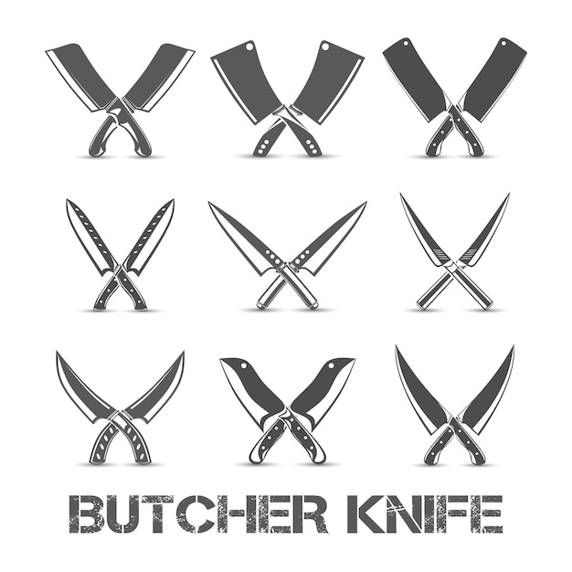 collection of knife silhouette designs with various shapes, butcher knife logo icon with x shape