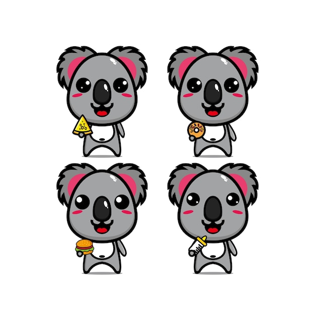 Collection koala sets holding food Vector illustration flat style cartoon character mascot