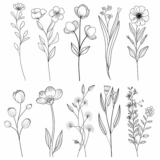 Vector a collection of line art flowers and floral elements