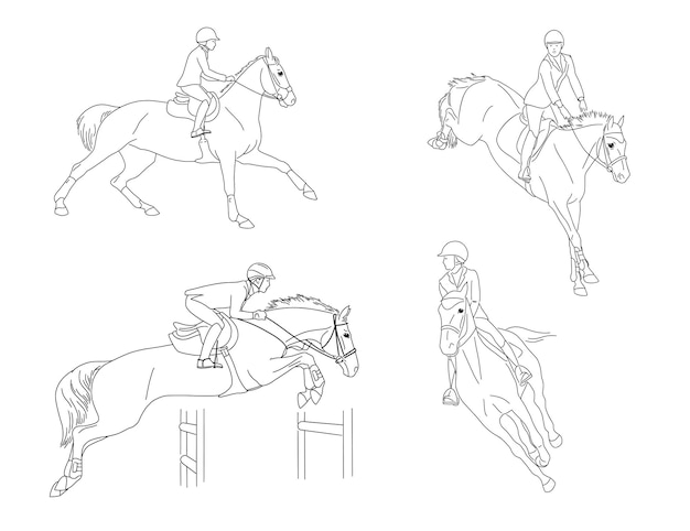 Collection of line images for coloring book on the theme of equestrian sports