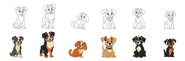 Collection of little dog outline and colored Vector illustration