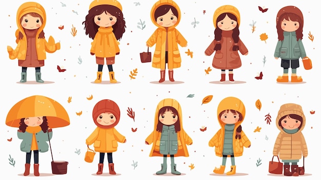 Vector a collection of little girls in raincoats and raincoats