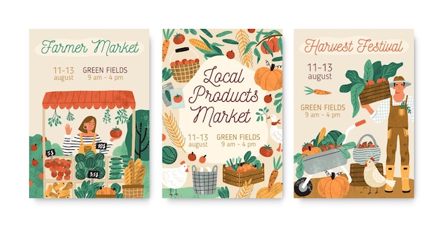 Collection of local products farmer market and harvest festival posters vector flat illustration. Set of announcement for seasonal agricultural fair isolated. Promo template with place for text.