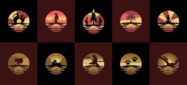 A collection of logo designs with colorful night scenery background illustrations