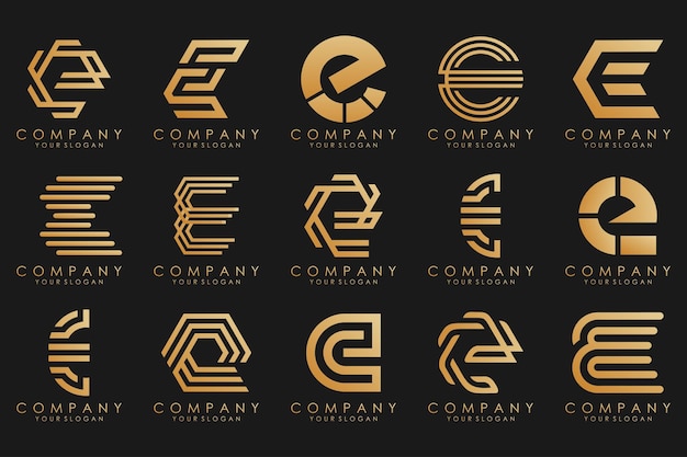 Collection logos golden luxury with letters E Geometrical abstract logos