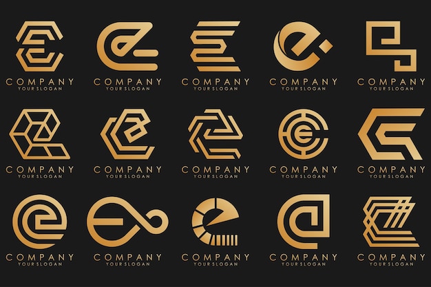 Collection logos golden luxury with letters E Geometrical abstract logos