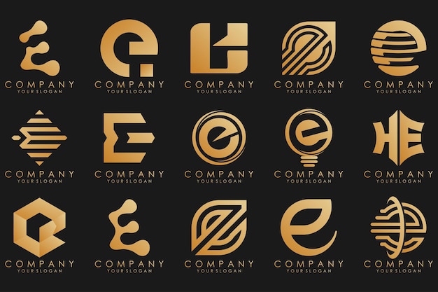 Collection logos golden luxury with letters E Geometrical abstract logos