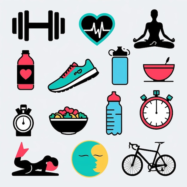 a collection of logos including a clock a body of exercise and a bottle of vitamin water