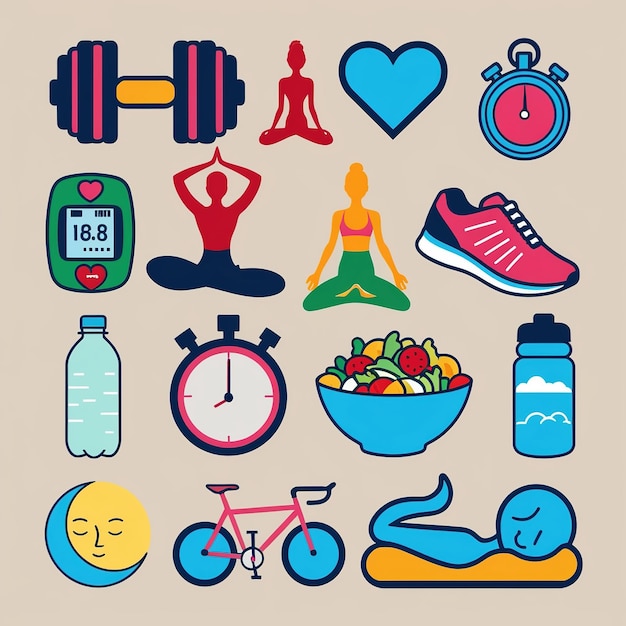 a collection of logos including a clock and a person in a yoga pose