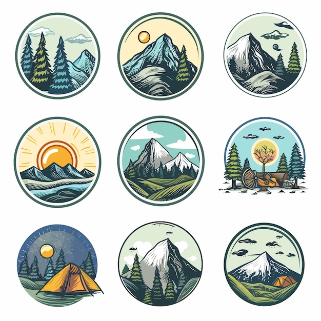 a collection of logos including mountains trees and mountains