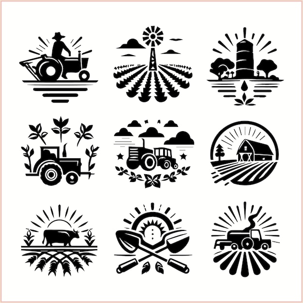 a collection of logos including a tractor and farm