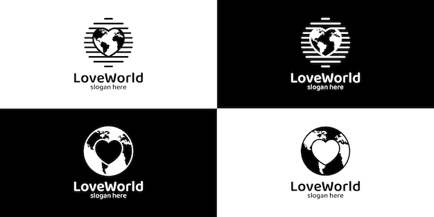 Collection of Love World logo design globe world with heart love design graphic vector