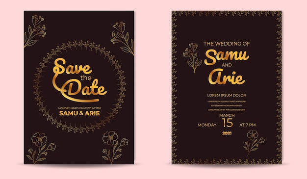 collection of luxury wedding invitation flower line art gold