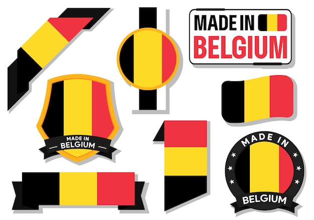 Collection of made in belgium badges labels belgium flag in ribbon vector illustration