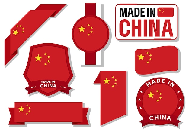 Collection of made in China badges labels China flags in ribbon vector illustration