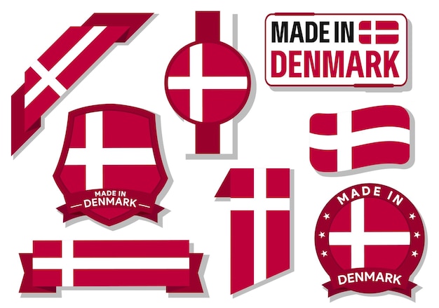 Collection of made in denmark badges labels denmark flag in ribbon vector illustration