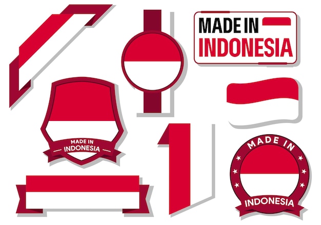 Collection of made in Indonesia badges labels Indonesia flags in ribbon vector illustration