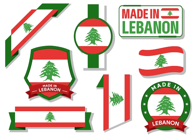 Collection of made in Lebanon badges labels Lebanon flag in ribbon vector illustration