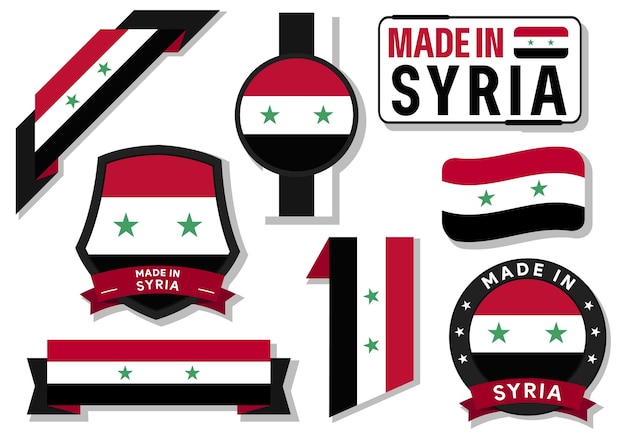 Collection of made in syria badges labels syria flag in ribbon vector illustration