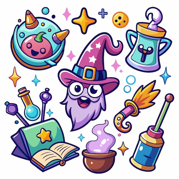 Vector a collection of magic themed cartoon icons including a wizard potion bottle magic book stars cauldron and a broom