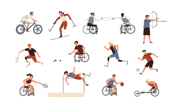 Collection of male and female paralympic athletes isolated on white background. Bundle of disabled people with prosthetic limbs performing sports activities. Flat cartoon vector illustration.