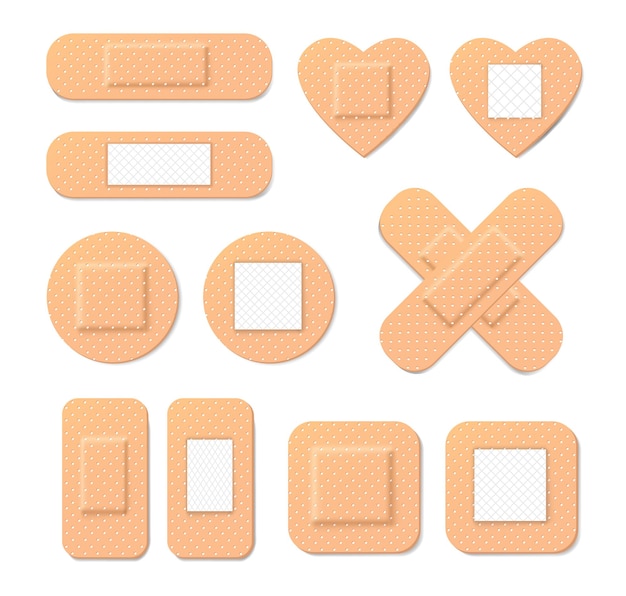 Collection of medical plasters in cartoon style. Illustration of medical plaster, elastic bandage patches of different shapes.