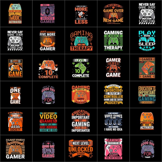 Vector collection of mega gaming tshirt design bundle gamer tshirt design set