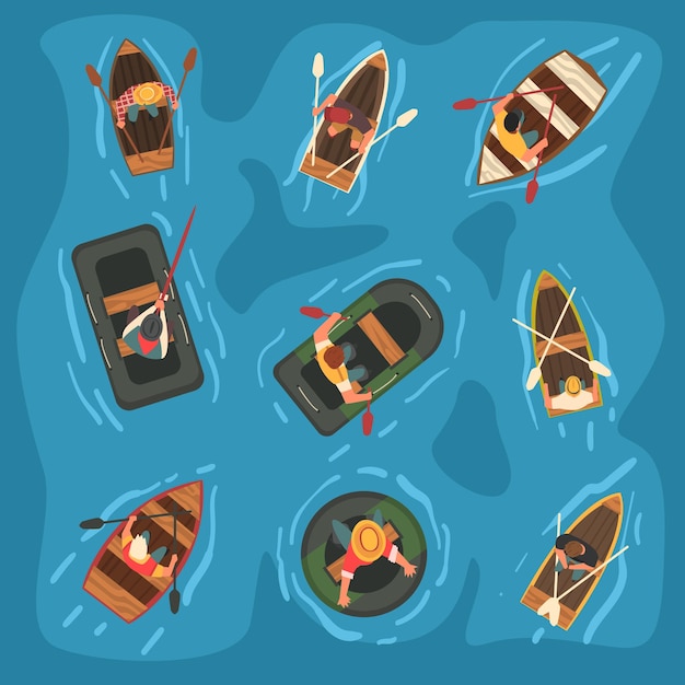 Vector collection of men rowing wooden and rubber inflatable boats in the sea top view vector illustration cartoon style