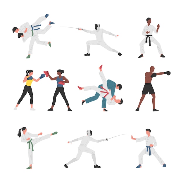 Collection of Men and Women Doing Various Martial Arts Sports Activities. 