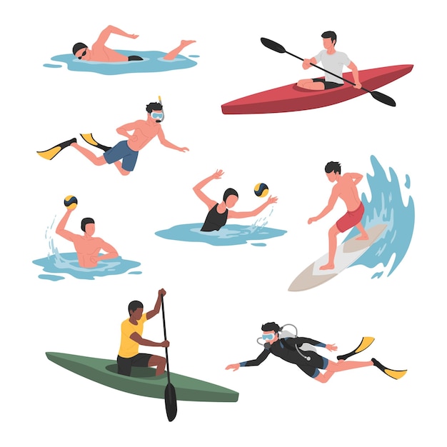 Collection of Men and Women Doing Various Water Sports Activities. 