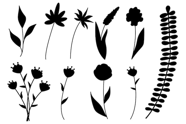 Collection of minimalistic simple floral elements Graphic sketch Fashionable tattoo design Flowers grass and leaves Botanical natural elements Vector illustration Outline line doodle style