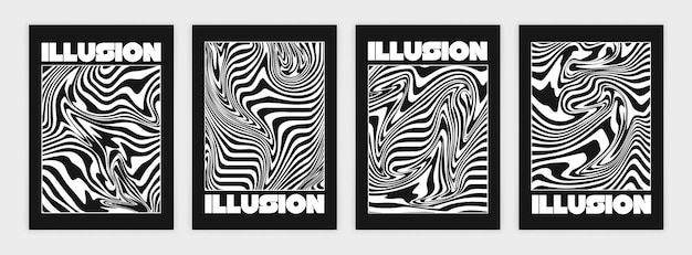 Collection of modern abstract posters with optical illusion In techno style psychedelic design