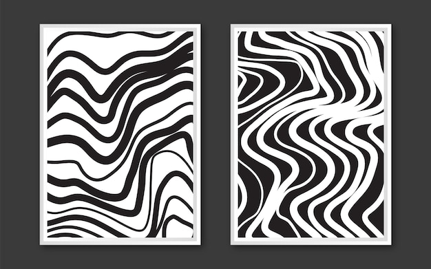 Collection of modern abstract posters with optical waves black and white line design