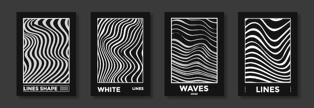 Collection of modern abstract posters with optical waves black and white line design