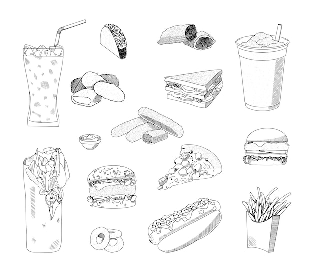 Collection of monochrome illustrations of fast food in sketch style