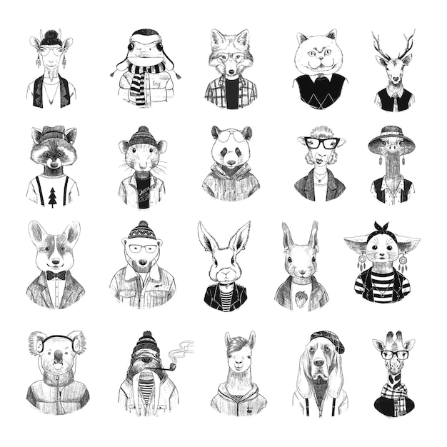 Collection of monochrome illustrations of funny animals in sketch style